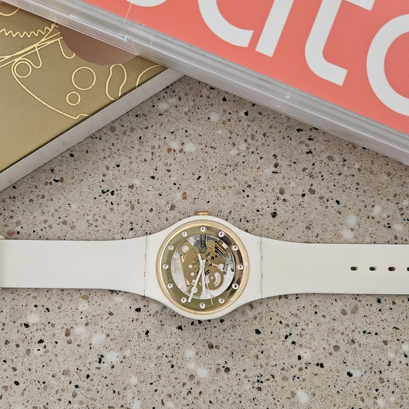 Swatch Accessories - Swatch White Silicone Watch with Gold Transparent Dial and Swarovski Crystals